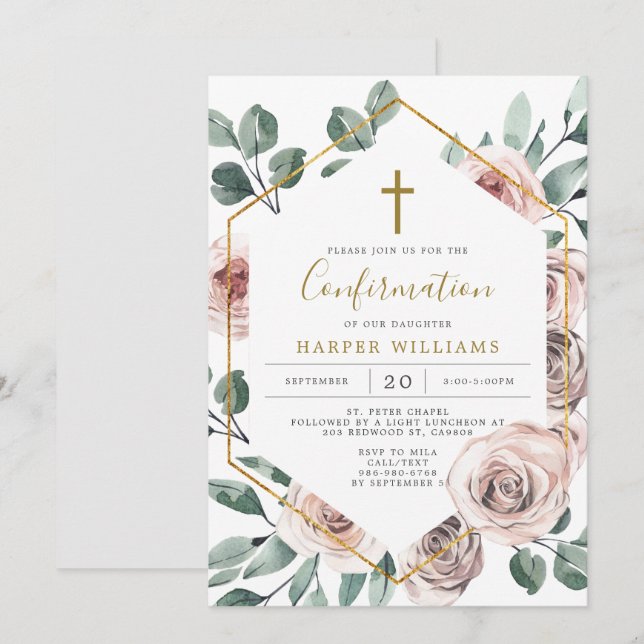 Invitation de confirmation du Rose Boho (Devant / Derrière)