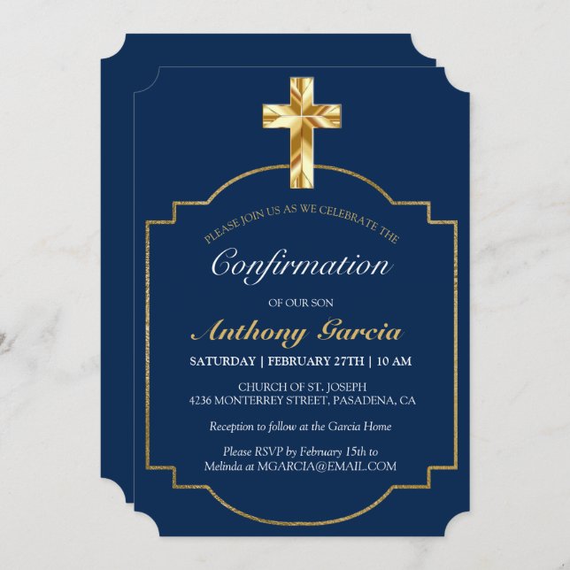 Invitation de confirmation Elegant Blue Gold Cross (Devant / Derrière)