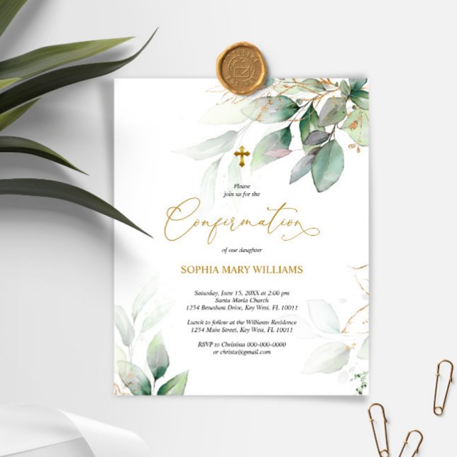 Invitation de confirmation Eucalyptus et Or Budget (Créateur téléchargé)