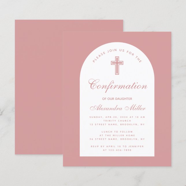 Invitation de confirmation fille Budget Dusty Rose (Devant / Derrière)