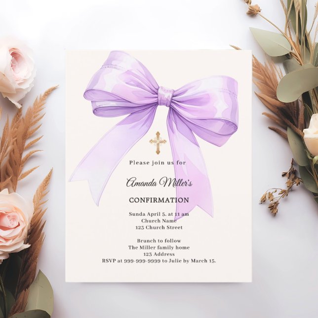 Invitation de confirmation fille crème à ruban lav (Créateur téléchargé)