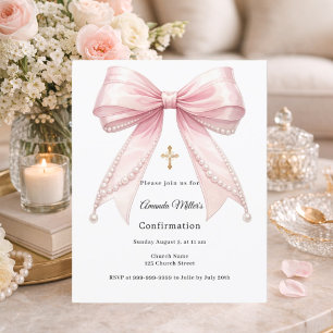 Invitation de confirmation fille perles noeud rose