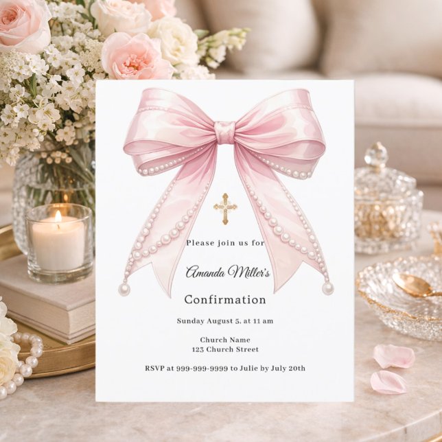 Invitation de confirmation fille perles noeud rose (Créateur téléchargé)