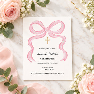 Invitation de confirmation fille ruban rose crème