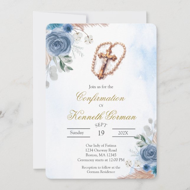 Invitation de confirmation florale bleue Crucifix (Devant)