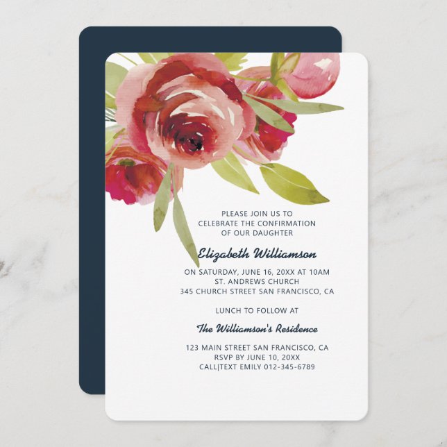 Invitation de confirmation florale d'aquarelle mod (Devant / Derrière)