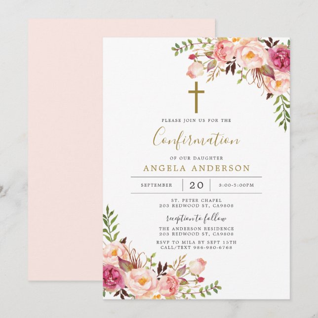 Invitation de confirmation florale rose (Devant / Derrière)