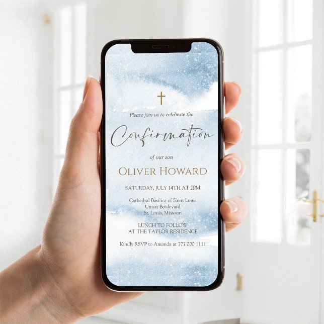 Invitation de confirmation garçon aquarelle bleu p (Dusty Blue Watercolor Boy Confirmation Invite)