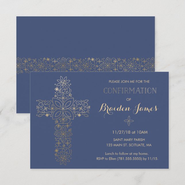 Invitation de confirmation - Invitation Gold Cross (Devant / Derrière)