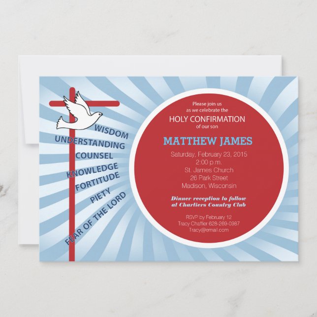 Invitation de confirmation rayons rouges bleus (Devant)
