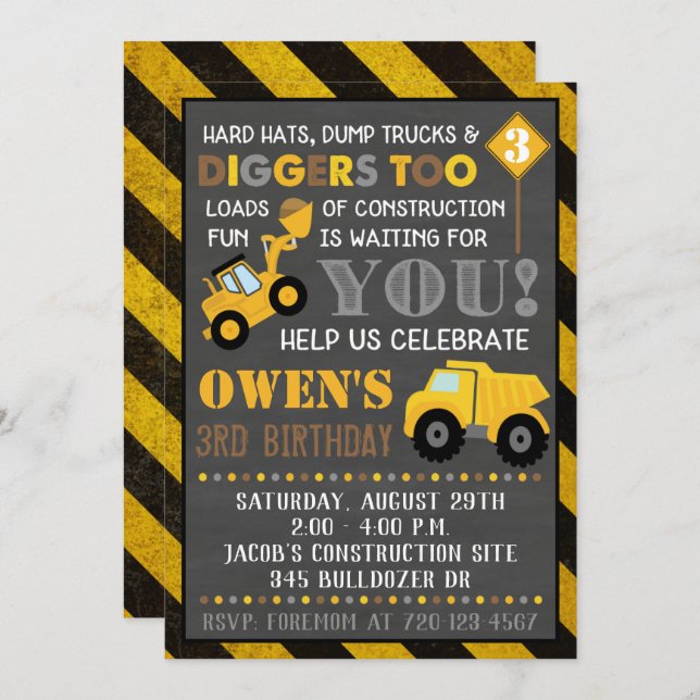Invitation de construction Boy Fête d'anniversaire (Devant / Derrière)
