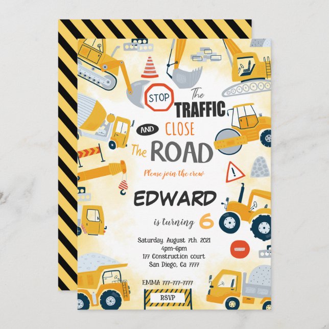 Invitation de construction du 6e anniversaire (Devant / Derrière)