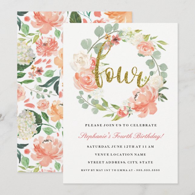Invitation de couronne florale en or rose pour 4èm (Devant / Derrière)