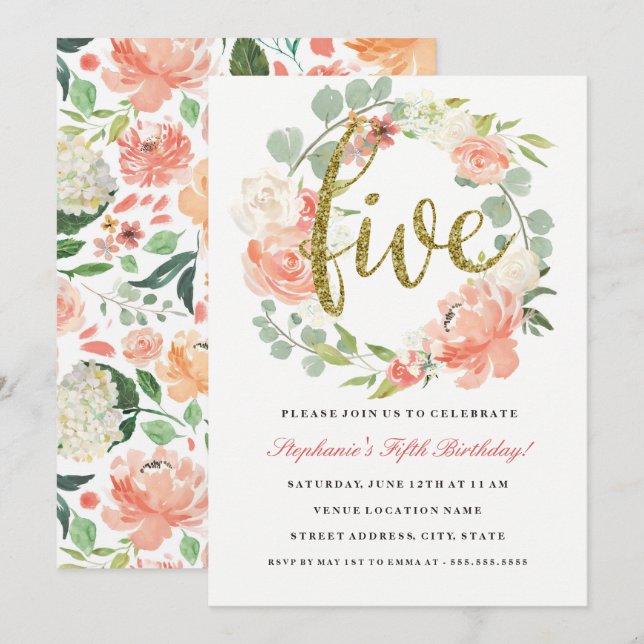 Invitation de couronne florale rose or pour 5ème a (Devant / Derrière)
