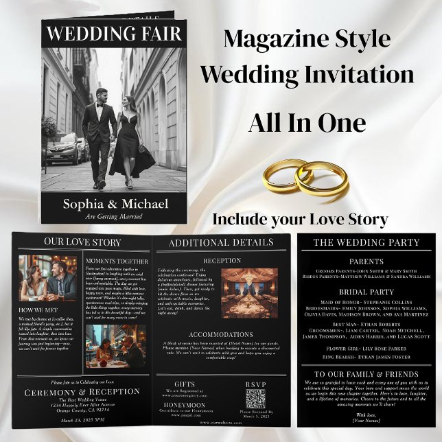 Invitation de couverture du magazine Mariage noir  (Black and White Wedding Magazine Cover Invitation-All in One)
