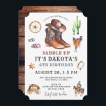 Invitation de Cowboy 4e anniversaire<br><div class="desc">Une invitation "saddle up" mignonne et fantaisiste cow-boy sauvage 4e anniversaire en terre cuite, marron et blues pour un garçon, avec la ville occidentale, cowboy engrenage stagecoach, lasso, et cowboy à cheval. Tout ce dont un cowboy a besoin. C'est son premier rodéo ! Motif en bois de grange rustique foncé...</div>