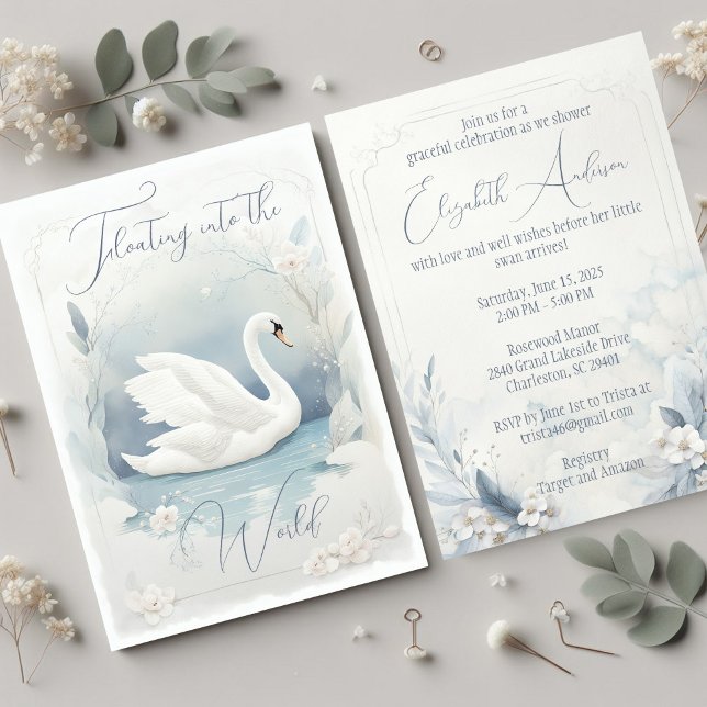 Invitation de cygne gracieuse (The front and back of a soft watercolor swan baby shower invitation in pale blue and gray. )
