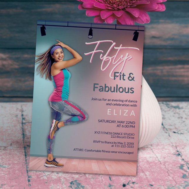 Invitation de danse Fifty Fit Fabulous (Modern Fifty Fit and Fabulous dance-inspired invitation in soft teal and blush tones)
