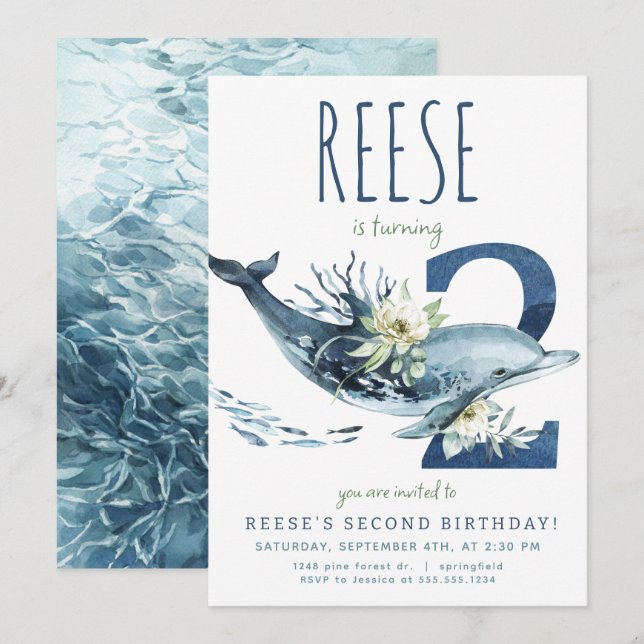 Invitation de dauphin 2e anniversaire (Devant / Derrière)