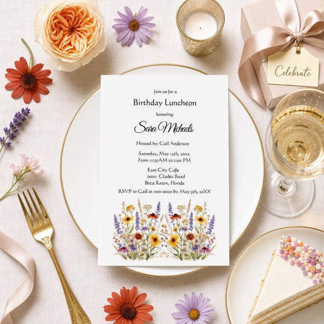 Invitation de déjeuner d'anniversaire florale bota (Créateur téléchargé)