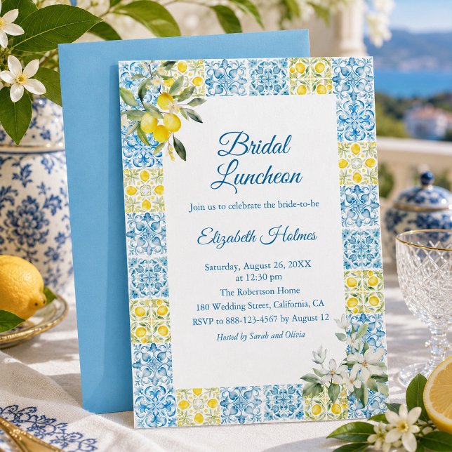 Invitation de déjeuner de mariage en carrelage ble (Mediterranean Blue Tile Lemon Bridal Luncheon Invitation)