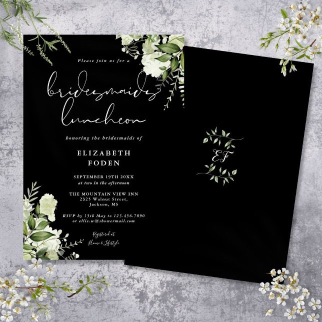 Invitation de déjeuner d'élégantes demoiselles d'h (Black And White Floral Bridesmaids Luncheon Invitation)