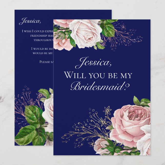 Invitation de demoiselle d'honneur aux fleurs bleu (Devant / Derrière)