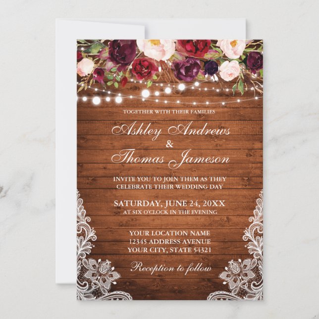 Invitation de dentelle florale Mariage rustique (Devant)