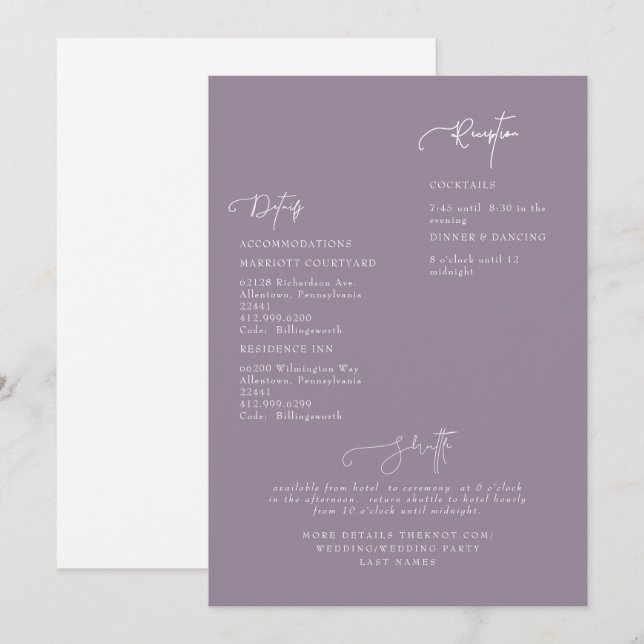 Invitation de détail de mariage lavande élégante (Devant / Derrière)