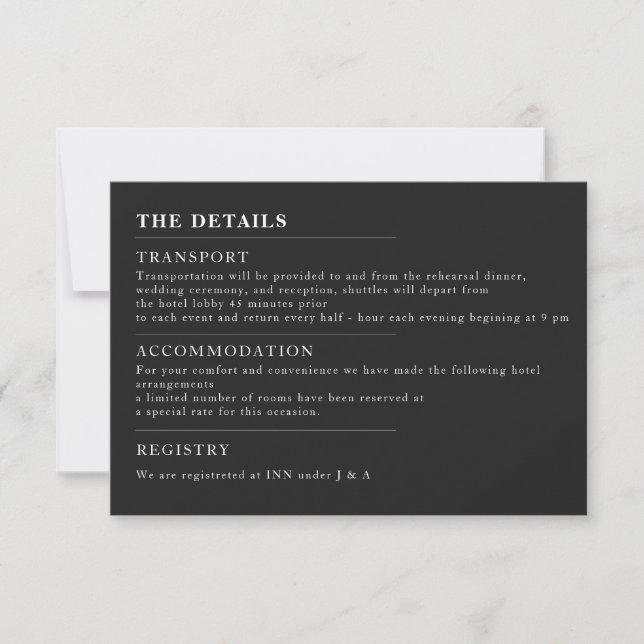 Invitation de détails de mariage noir minimal (Devant)
