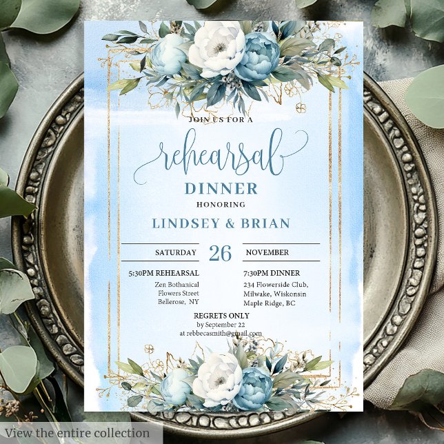 Invitation de dîner à cadre doré bleu poussiéreux  (Sophisticated Dusty Blue Gold Frame Dinner Invite)