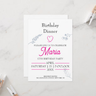 Invitation de dîner d'anniversaire Minimaliste ros