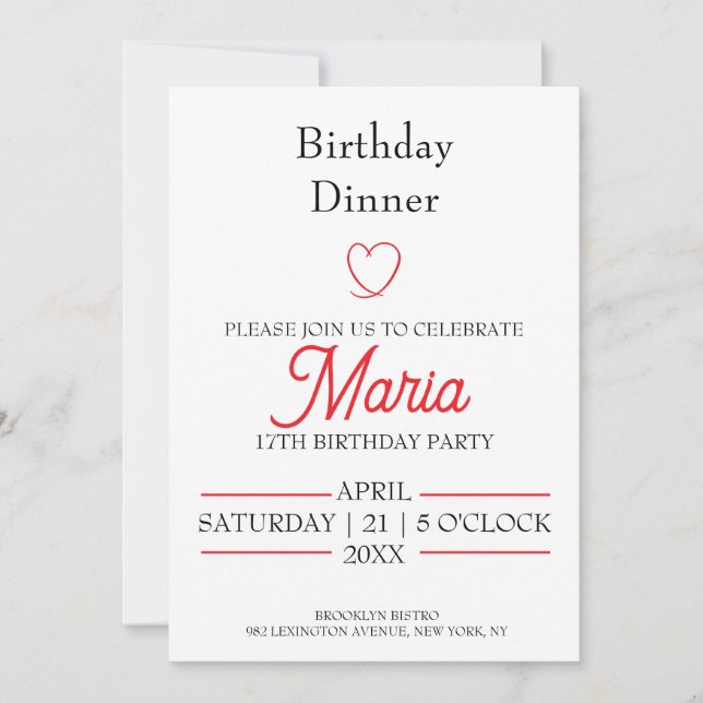 Invitation de dîner d'anniversaire minimaliste rou (Devant)