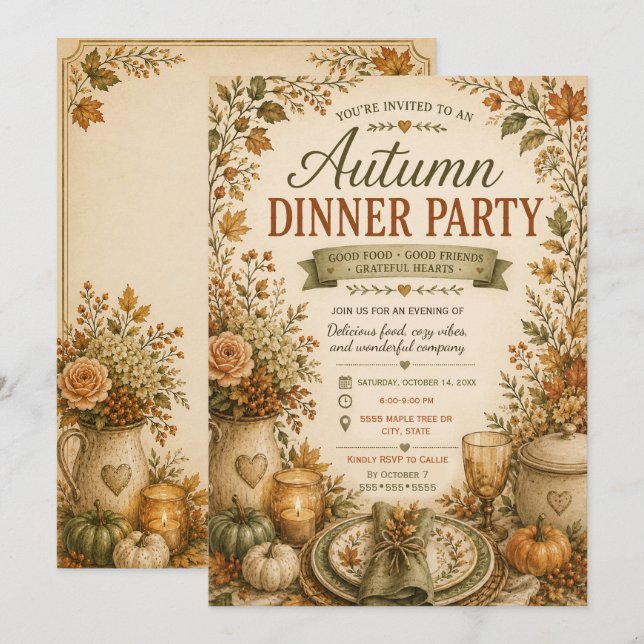 Invitation de dîner de fête rustique d'automne de  (Devant / Derrière)