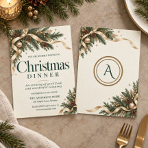 Invitation de dîner de Noël au ruban doré élégant 