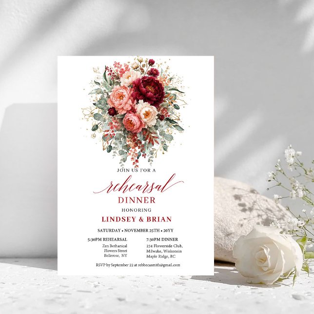 Invitation de dîner de répétition bohème rouge pro (Glowing Deep Red Boho Rehearsal Dinner Invitation

)