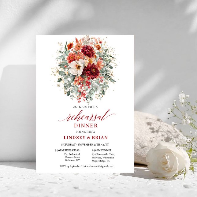Invitation de dîner de répétition floral Marsala r (Deep Red Marsala Floral Rehearsal Dinner Invitation

)