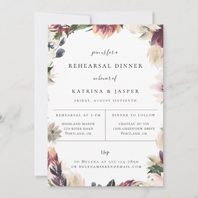 Invitation de dîner de répétition floral prune ros (Devant)