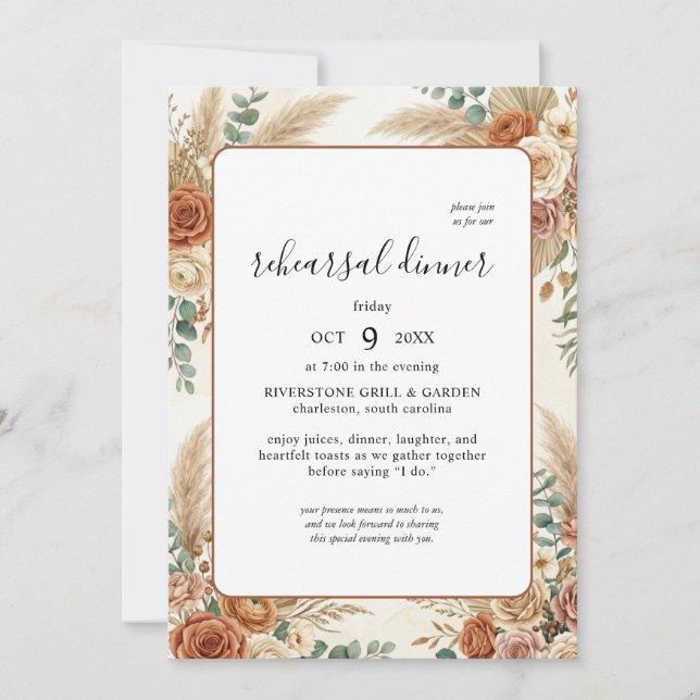 Invitation de dîner de répétition florale boho rus (Devant)