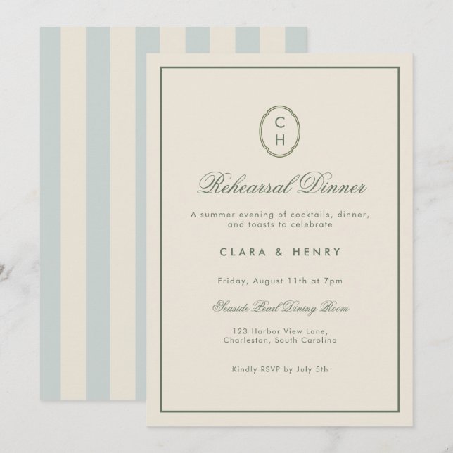Invitation de dîner de répétition rayée bleu clair (Devant / Derrière)