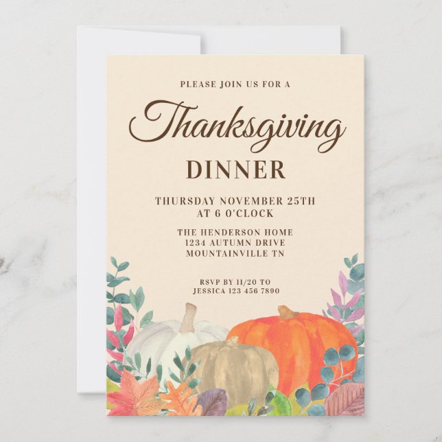 Invitation de dîner de Thanksgiving à la citrouill (Devant)