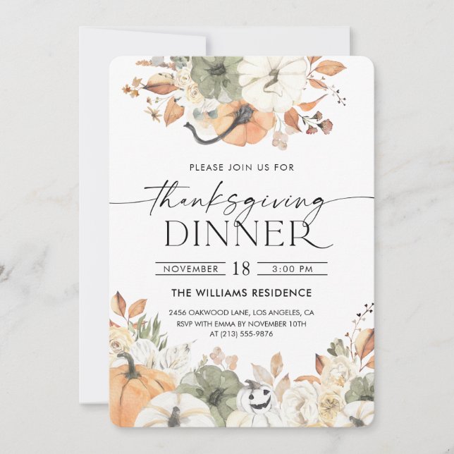 Invitation de dîner de Thanksgiving à la citrouill (Devant)