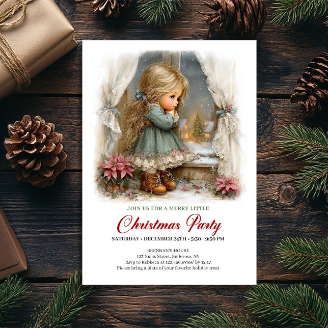 Invitation de dîner de vacances Fille mignonne Scè (Holiday Dinner Invite Cute Girl Winter Scene Art)