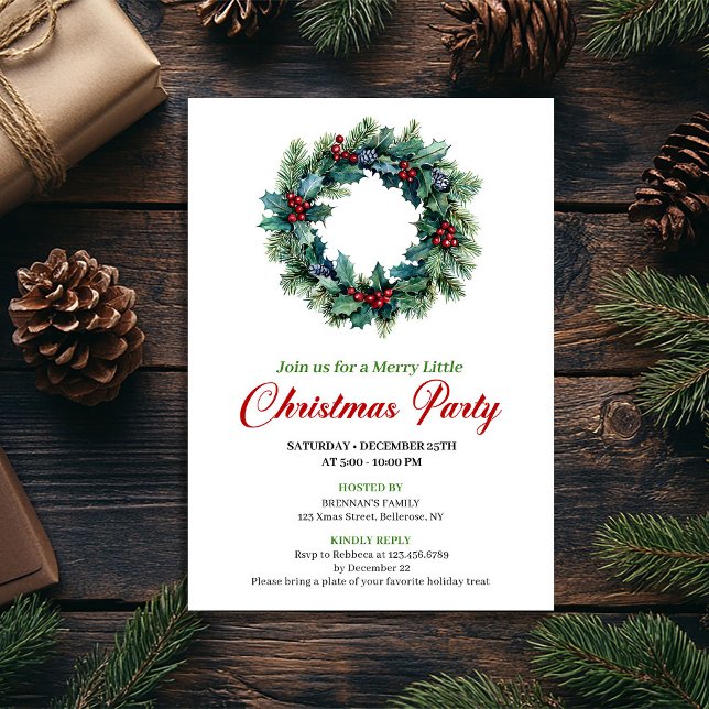 Invitation de dîner élégante avec couronne de Noël (Elegant watercolor Christmas wreath dinner invitation)