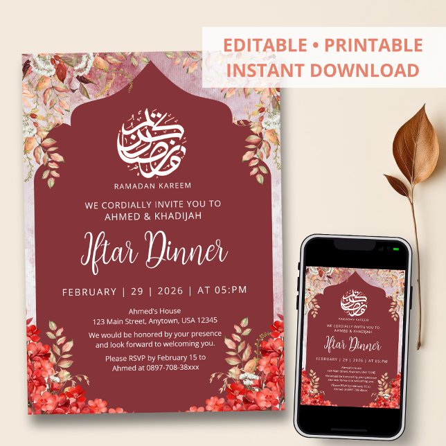 Invitation de dîner Iftar de Ramadan à fleurs roug (Créateur téléchargé)