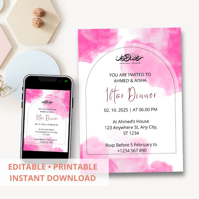 Invitation de dîner Iftar ramadan aquarelle rose (Créateur téléchargé)