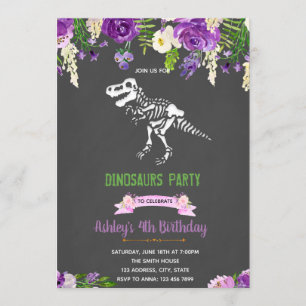 Invitation de dinosaures de fleurs violettes