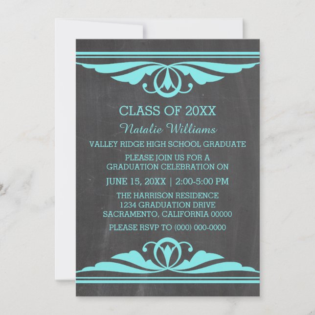 Invitation de diplôme Aqua Deco Chalkboard (Devant)