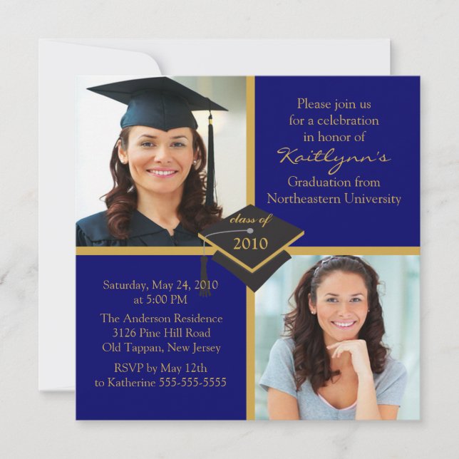Invitation de diplôme avec photo Blue & Gold (Devant)