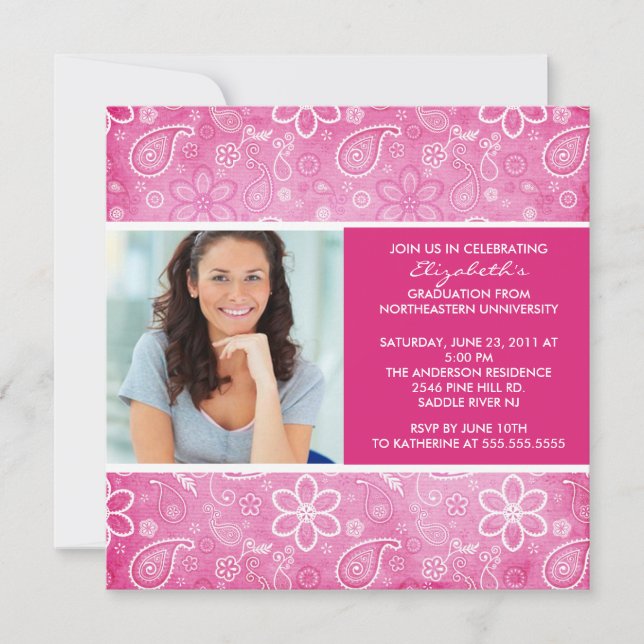 Invitation de diplôme avec photo Paisley rose (Devant)